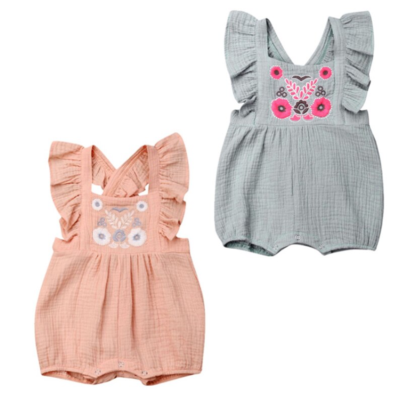 0-24M Zoete Katoen Linnen Baby Romepr Zomer Jongens Meisjes Bloemen Borduren Ruches Mouwloze Jumpsuit Playsuit Een stuk