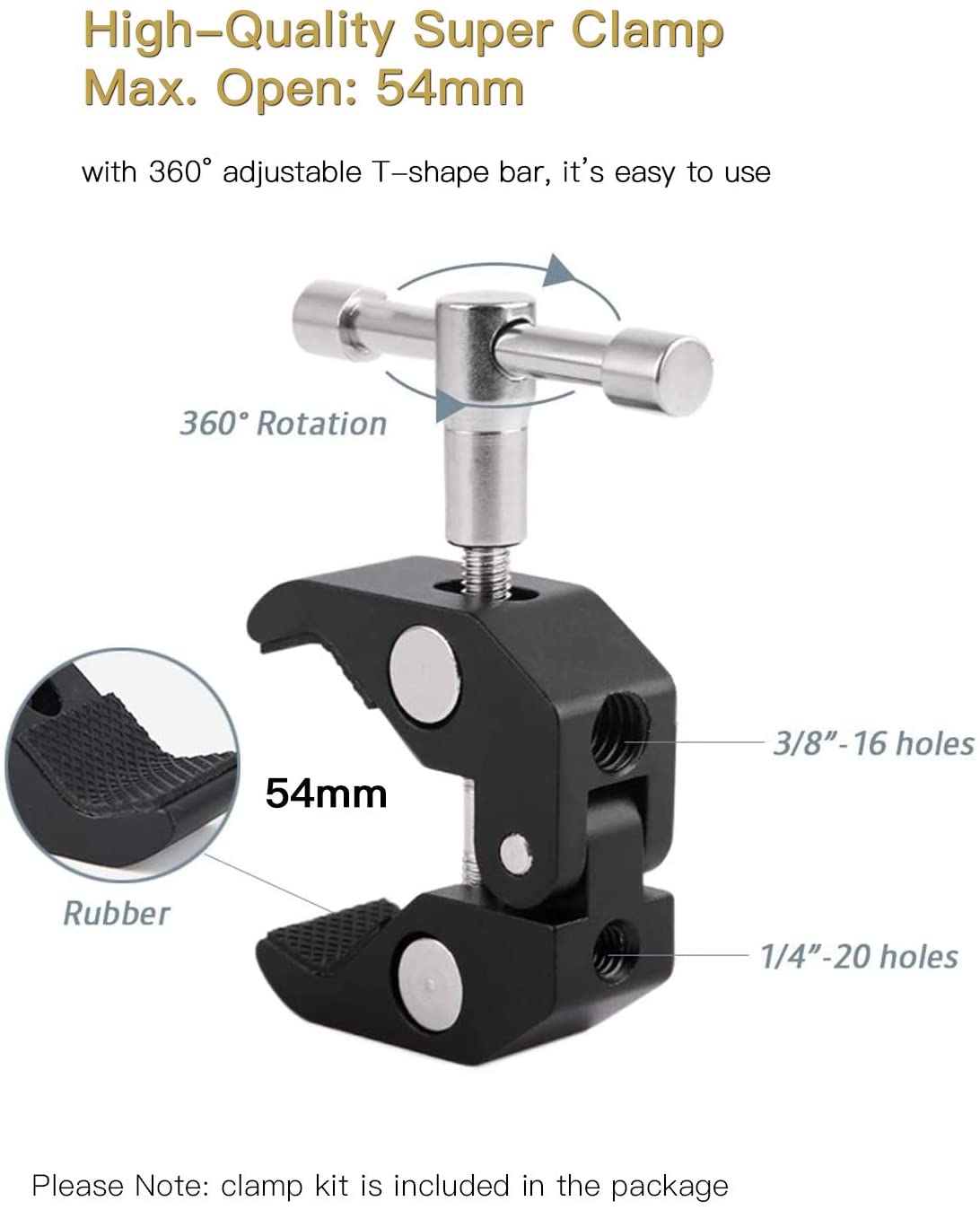 Camera Mount Clamp with 360° Ballhead Arm, for DSLR Camera/Field Monitor/LED