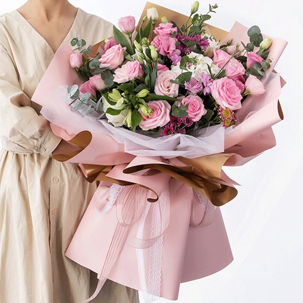 5pcs Bouquet Flower Wrapping Papers Golden Edge Ribbons Korean Paper for Valentine's Day Wedding Birthday Packing Decors