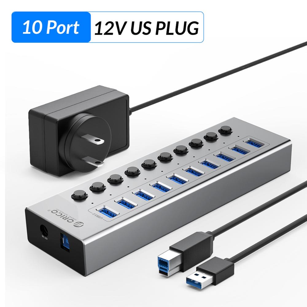 ORICO Industrial USB 3.0 HUB 7/10 Port Aluminum USB Splitter On/Off Switch With 12V Power Adapter Support Charging for Computer