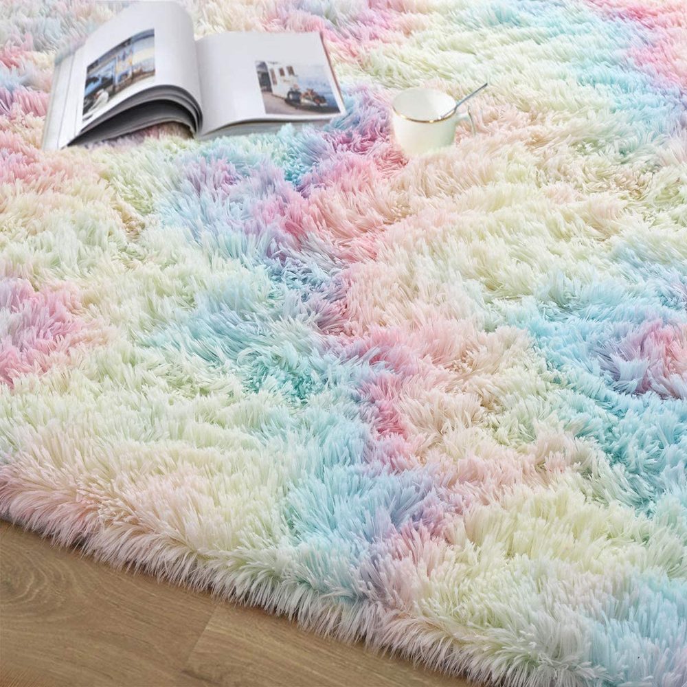 Regnbue fluffy tæpper antislip shaggy område tæppe spisestue stuemåtte soveværelse sengeplads plys tæppe gulvmåtte boligindretning