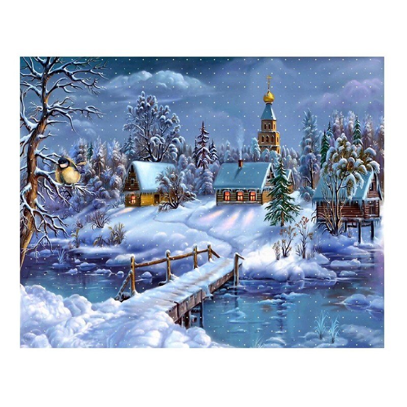 Julenat 5d diamantmaleri broderi diy korssting kit hjem vægindretning (jul snedækket landskab)