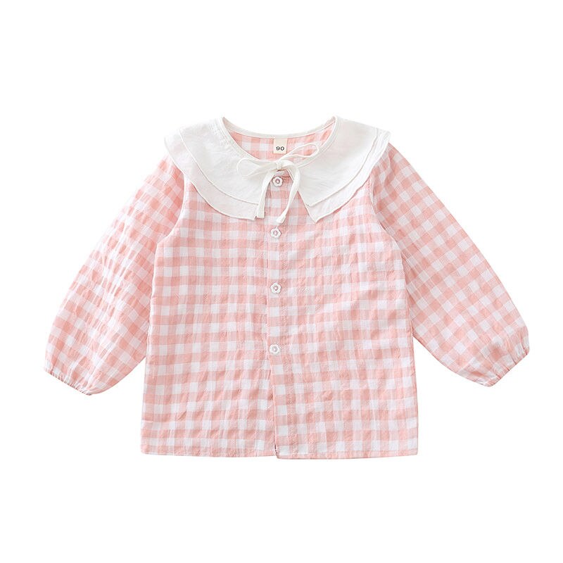 Baby Meisjes Shirt Little Peuter Lente Katoen Blouse Lnfant Roze Raster Bowtie Zachte Casual Leuke Comfortabele Strik Ronde Kraag