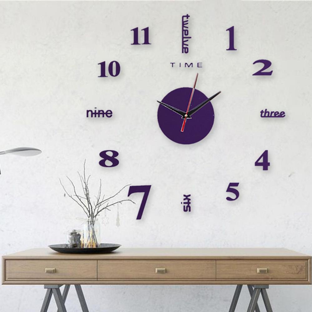 Design moderno relógio de pulso grande relógios parede 3d diy acrílico espelho mecanismo adesivos casa sala estar decoração quartzo agulha: ROXO