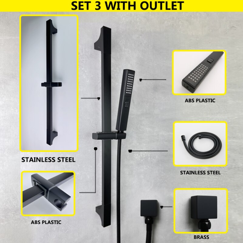 Ensemble de barre coulissante 1/2/3 fonctions laiton ABS plastique douche à main noir mat acier inoxydable barre réglable accessoires de salle de bains: Set 3 with Outlet