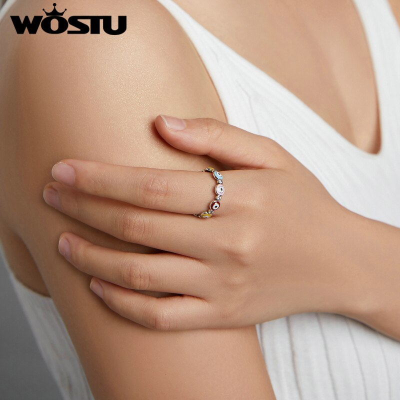 WOSTU 925 Sterling Silver Rings Demon Eye Rainbow Heart &amp; Paw Colorful Finger Rings For Women Female Fine Jewelry
