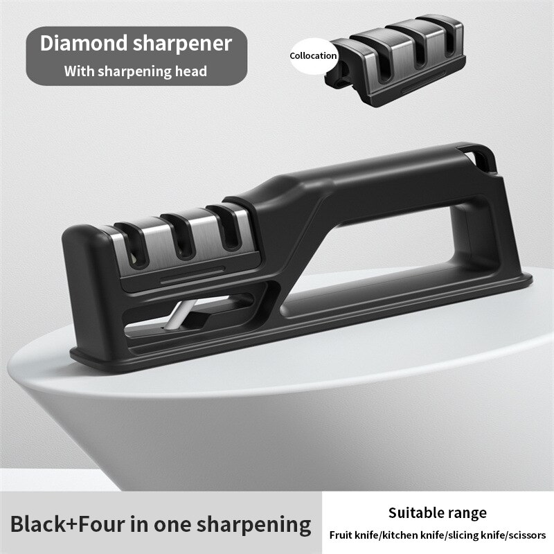 4 In 1 Knife Sharpener Manual Knife Sharpening Tool Scissors Sharpening Stone With 1 More Replace Sharpener Kitchen Accessories: Black-Spare head