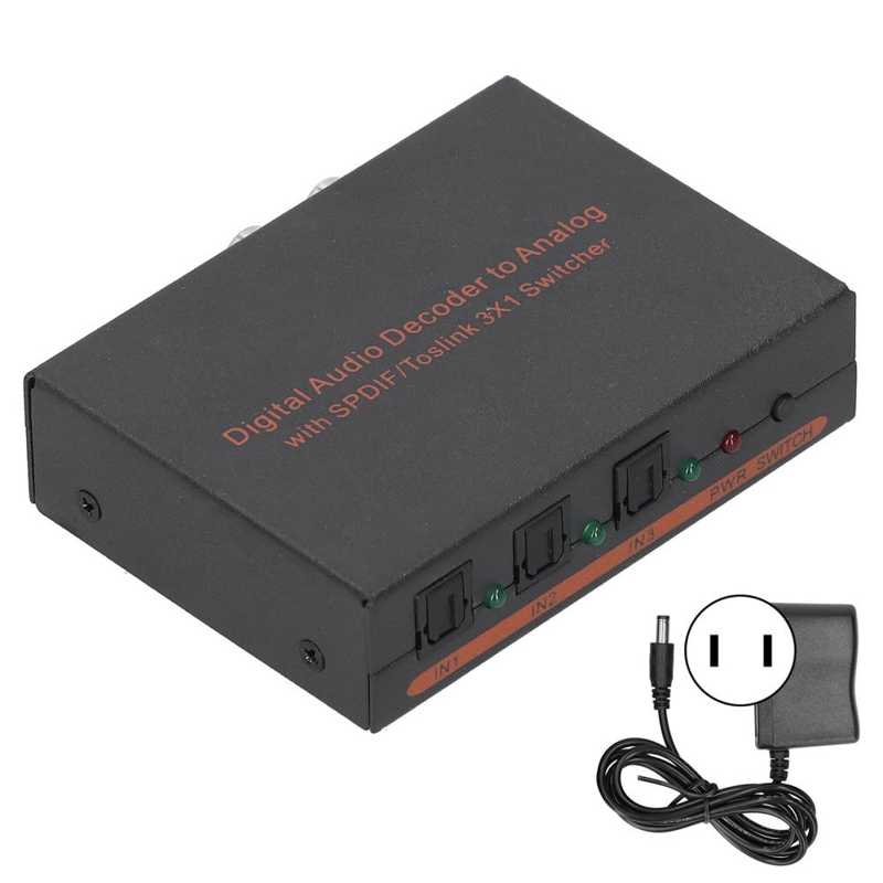 Decodificador de Audio Digital de fibra óptica para SPDIF/AV/RCA, convertidor de 100-240V, 3x1: US plug