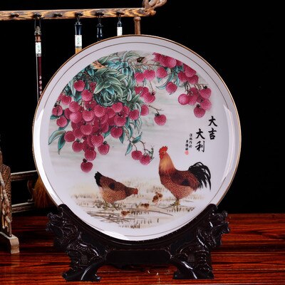 25 cm Fine Bone China Plate Ceramic Ornamental Plate Chinese Style Decoration Plate Wood Base Porcelain Plate Set: chicken
