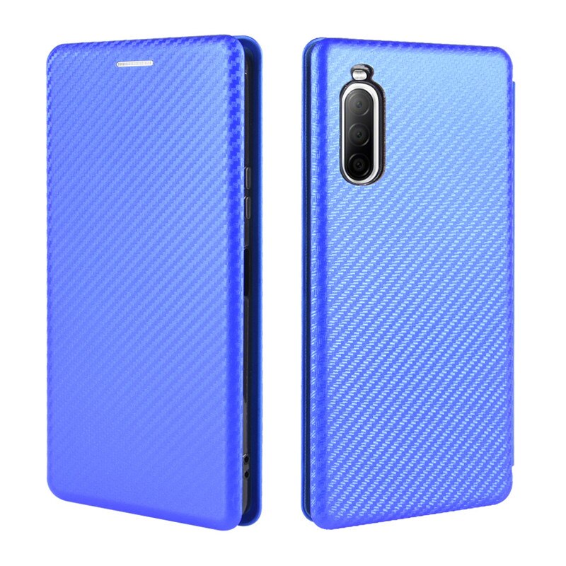 Voor Sony Xperia 10 Ii Case Carbon Fiber Pc Harde Kaarthouder Slim Leather Case Voor Sony Xperia10 Ii wallet Flip Cover: Blauw