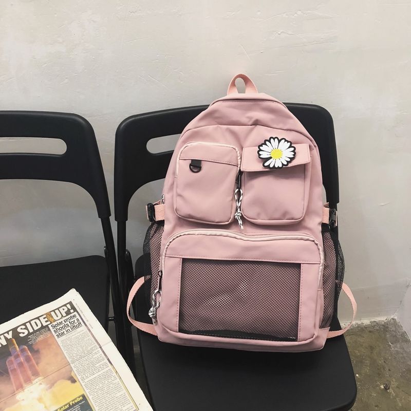 Grande sacos de escola para meninas adolescentes mochila feminina náilon sólido verde alto estudante médio bookbags transparente saco: Rosa