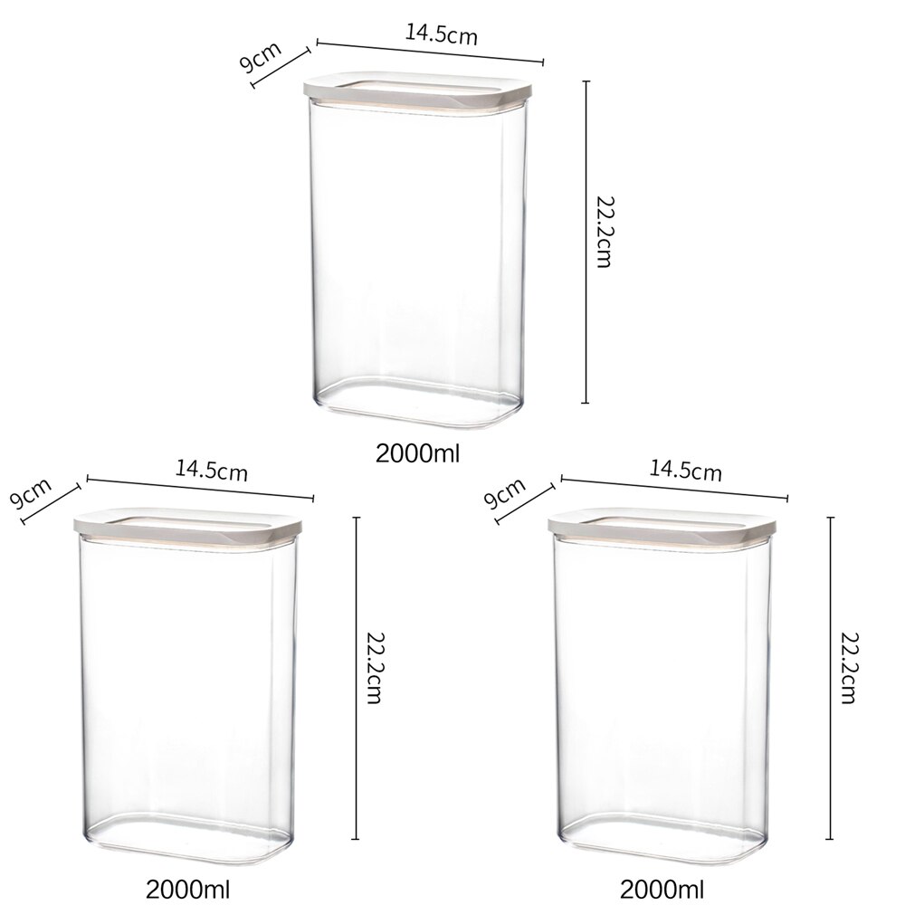 Contenedor de almacenamiento de cocina, refrigerador de cocina, caja de fideos, cereales, fruta seca, tanque de almacenamiento de aperitivos, tanque sellado transparente: 3 pcs 2000ml
