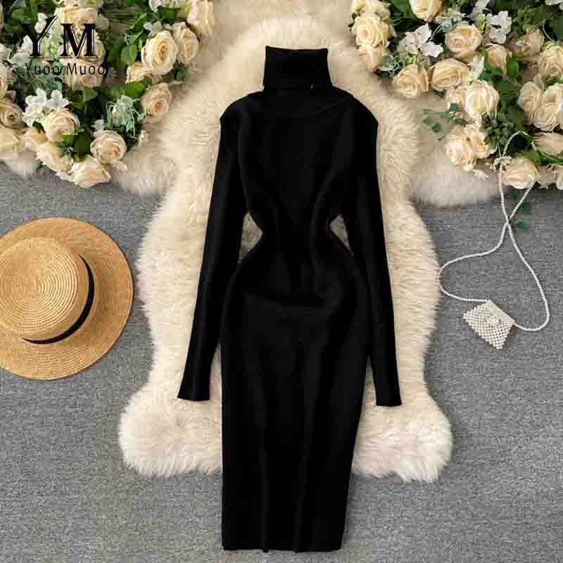 Yuoomuoo Trui Jurk Winter Coltrui Warme Lange Mouw Gebreide Jurk Alle Match Casual Solid Vrouwen Bodycon Jurk: Black