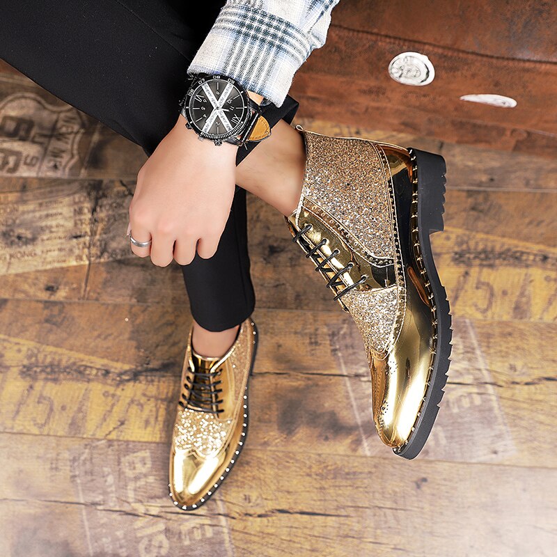 Men Dress Shoes High Top Black Gold Spring Summer Male Patent Leather Casual Shoes Elastic Band Man Pointed Toe Footwear