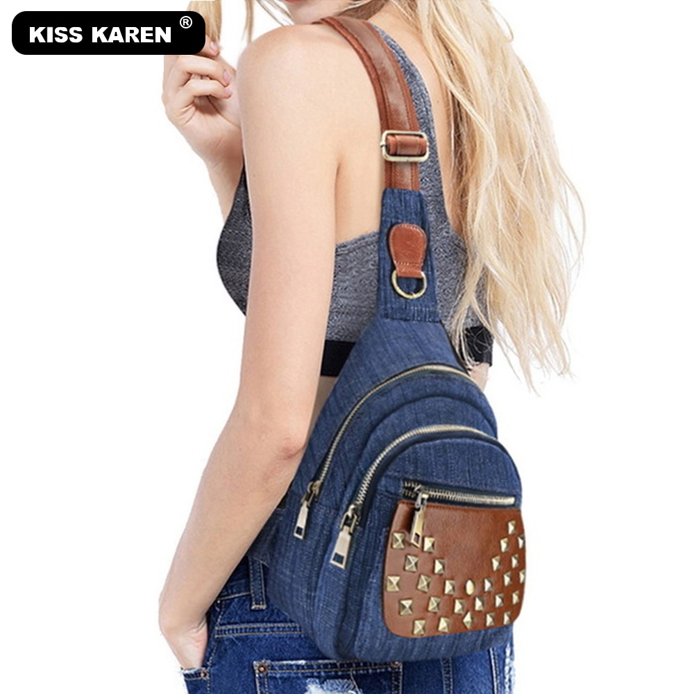 Studded Women Chest Bags Durable Jeans Casual School Bag Travel Women's Shoulder Messenger Denim Sling Bags