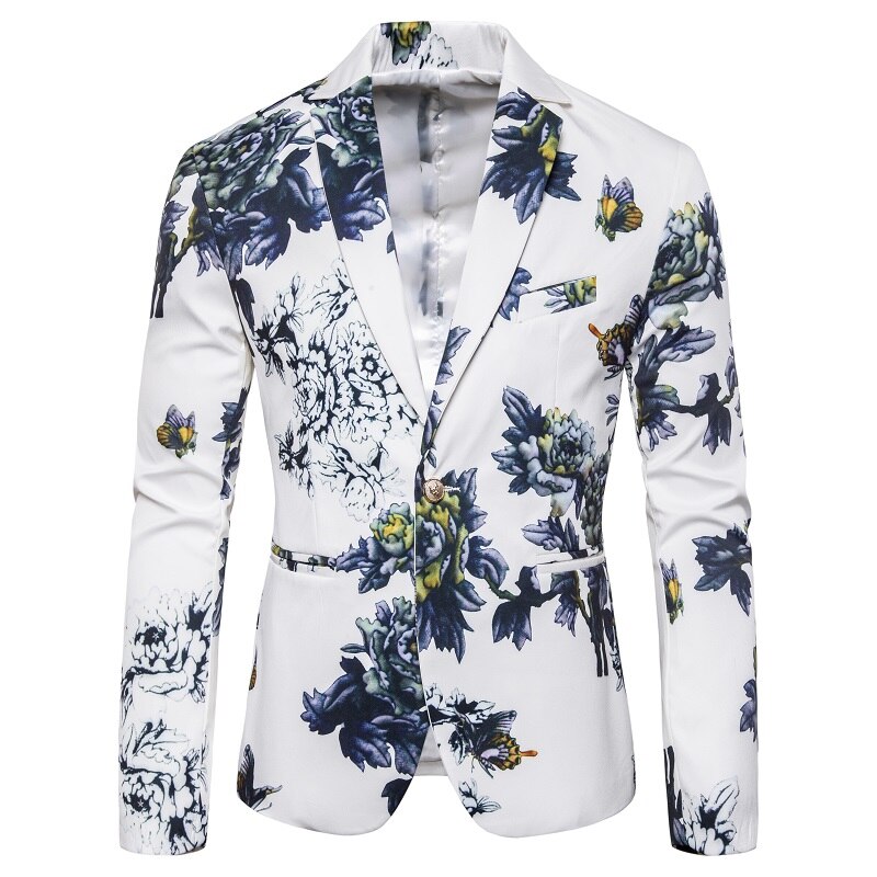 Chaqueta de traje con estampado Floral para Hombre, americana de una sola botonadura para Hombre , lujoso de flores, corte ajustado: White / XL