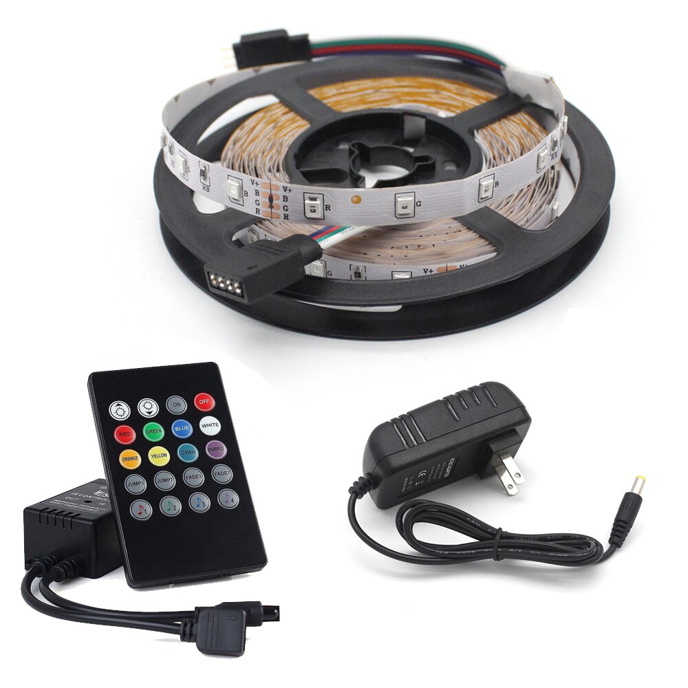 Tira de luces LED RGB 2835 con sincronización de música, 5 m, no impermeable, 12v, Sensor de sonido, Control de 20 teclas, cinta de retroiluminación: 5 M Full Set-US Plug