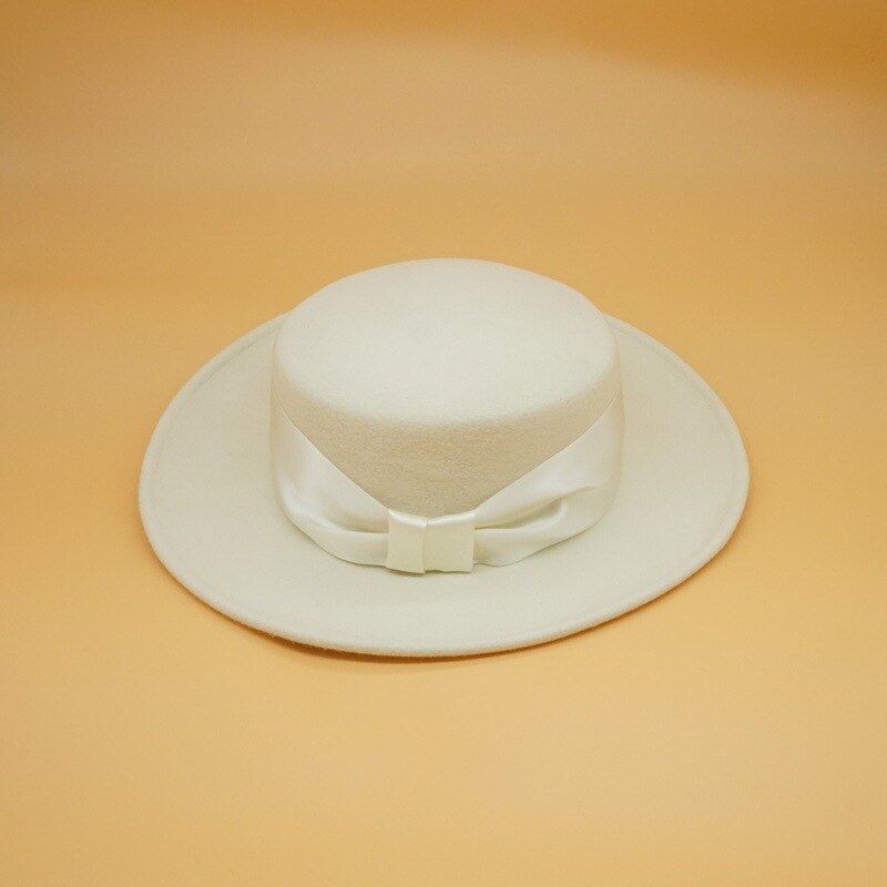 202012-panshi-white bowknot autumn winter france style grace lady fedoras cap women panama jazz hat: White