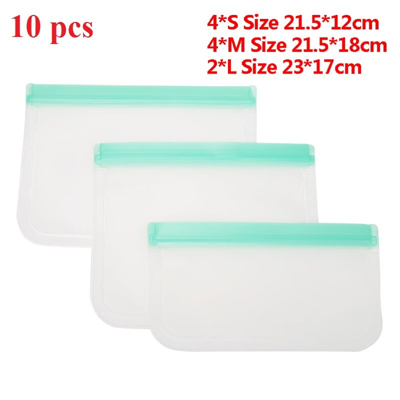 10Pcs Peva Silicone Voedsel Opbergtas Herbruikbare Vriezer Tas Lekvrij Top Zip Lock Tassen Keuken Organizer Vers Houden tas: 10 pcs C