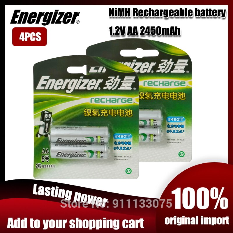 Energizer Original 1.2V AA Rechargeable Batteries 2450mAh Ni-MH AA Battery for camera Anti-dropping toy car: 4PCS