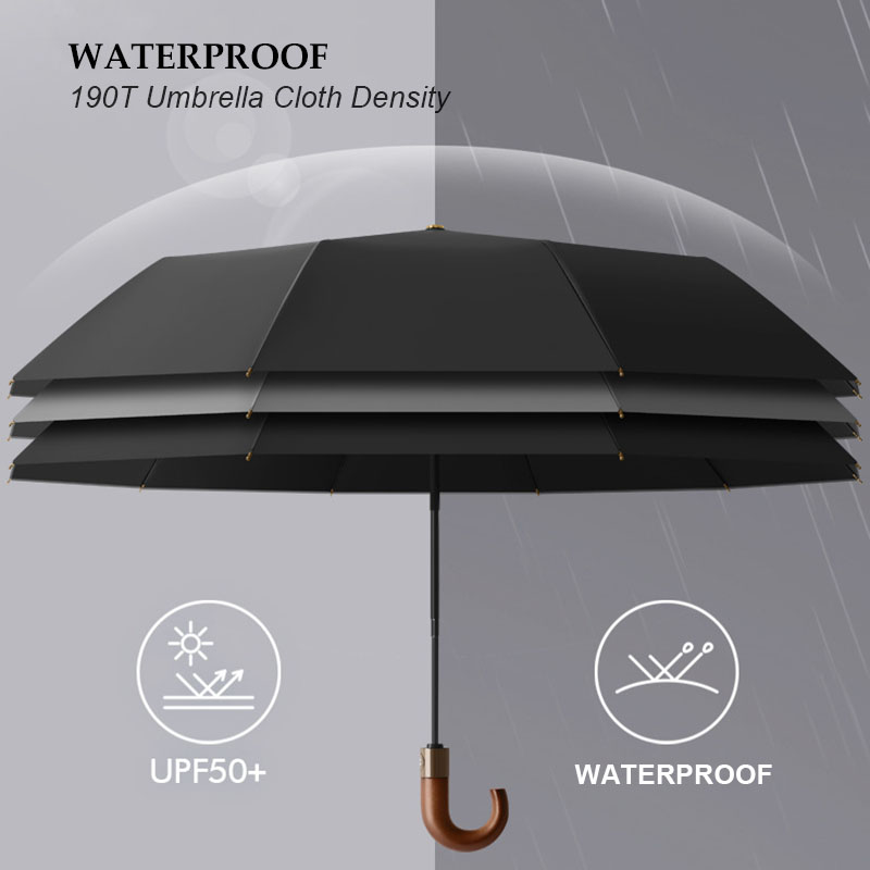 Paraguas automático de lujo reforzado para hombre, 30 huesos, resistente al viento, fuerte, 125CM, mango de madera grande, resistente al agua, para negocios