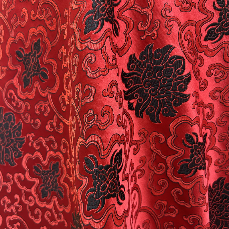 Tela de brocado rojo precortada con bordado negro, Material decorativo DIY para vestido, abrigo, chaleco, artesanía de tapicería