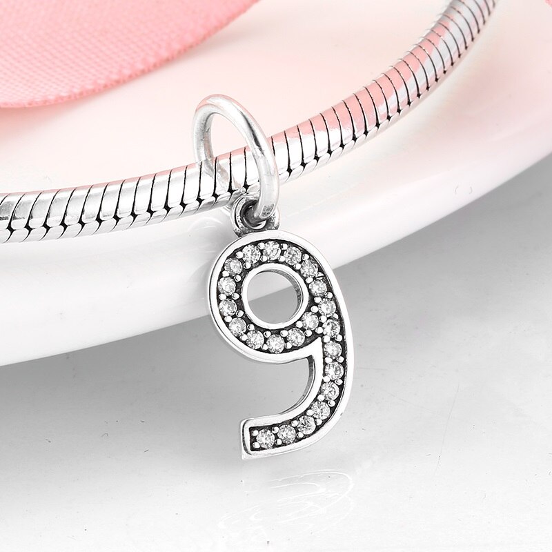 925 sterlingsølv digitalt lykkenummer 0 to 9 charme perler til smykker, der passer til originale armbånd sølvsmykker: Pd0090-9