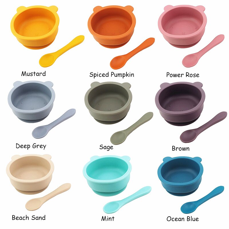Chenkai 5Set 9 Color Baby Feeding Bowl Bear Shape Food Grade Silicone Anti-Flip Suction Tableware Infant Waterproof Bowl Spoon