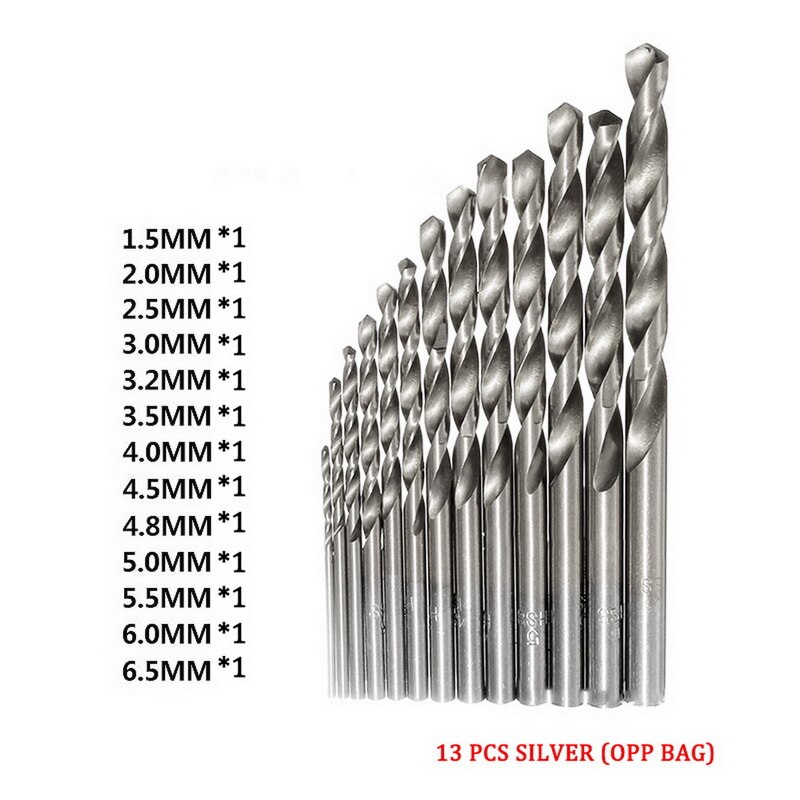 13 Pcs Ronde Schacht Hss Gecoat Titanium Drill Bit Set 1.5-6.5 Mm Quick Change Boor Gereedschap Onderdelen: silver withopp bag