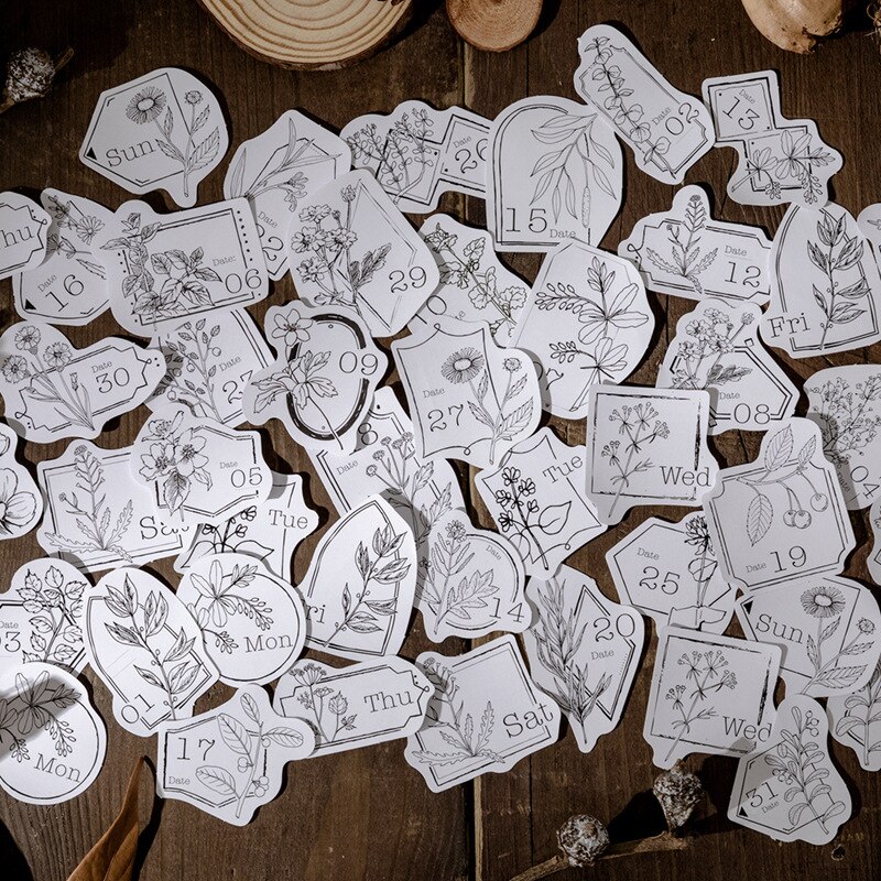 Journamm 45pcs Vintage Date Sticker Flakes Scrapbooking Bullet Journal Paper Craft Stationery Sheets Label Stickers