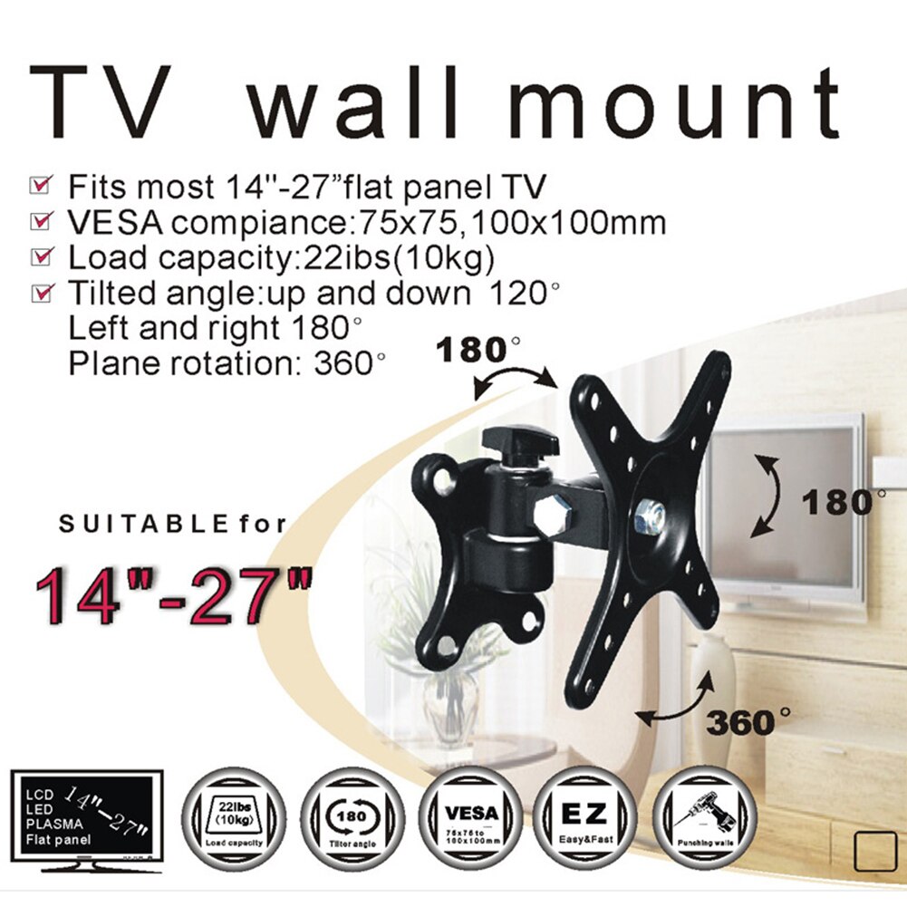 TV Bracket Strong Bearing Flat Screen Living Room Adjustable Angle Home Rack 14 To 27inch Hanging Tilt Swivel Wall Mount Support