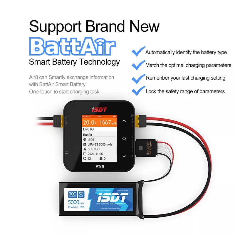 ISDT Air8 Lipo cargador de batería de equilibrio de alta potencia, descargador 20A 500W DC 1-8S li-po li-hv Li-Ion li-fe NiMH ni-cd Pb RC Battery