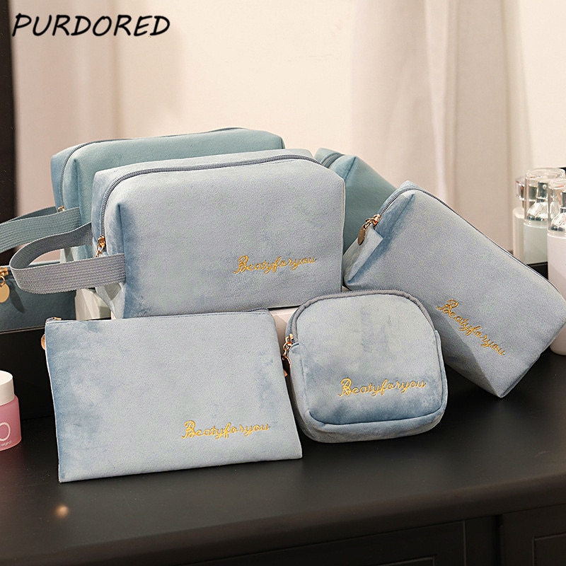 Purdored 3 stk / sæt fløjl kosmetisk taske sæt solide kvinder makeup taske arrangør rejse toiletartikler vaskepose kit neceser kosmetyczka