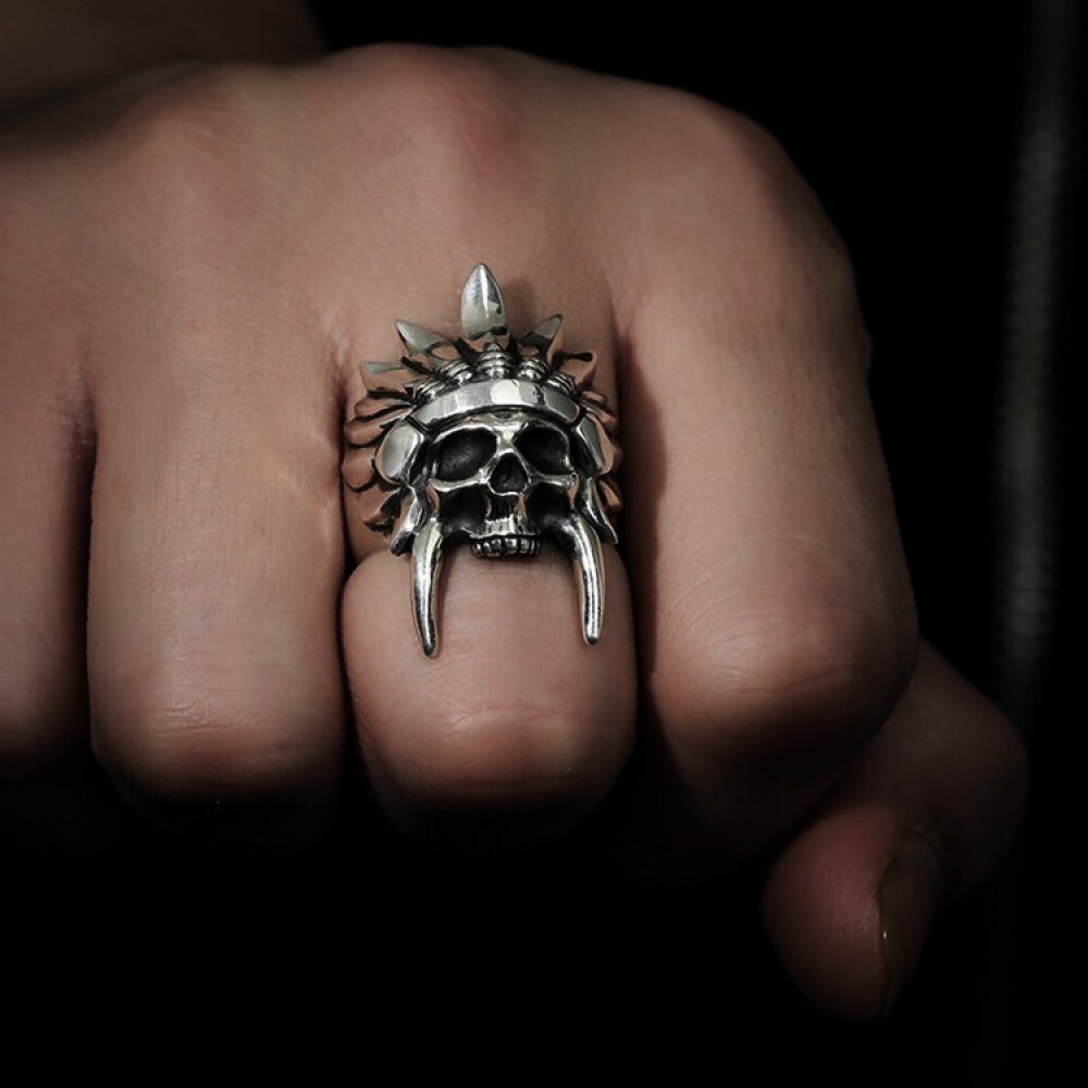 Vintage Mens African Tribal Chief Chieftain Ring Cool Men&#39;s 316L Stainless Steel Skull Ring Retro Men Biker Punk Party Jewelry: 12 / 1-Silver