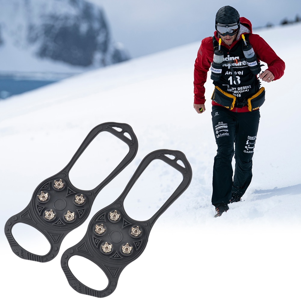 1 par de grapa de hielo senderismo al aire libre resistente al desgaste crampones 5 dientes Universal esquí escalada antideslizante seguro para caminar