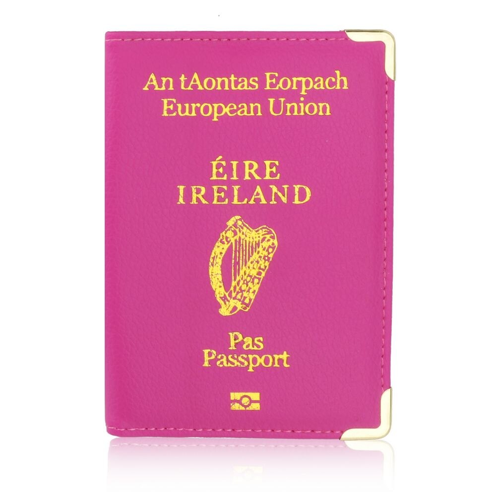 TRASSORY Litchi Pattern European Union Ireland Leather Passport Cover Women Holder with Copper Angle: Rose Pink