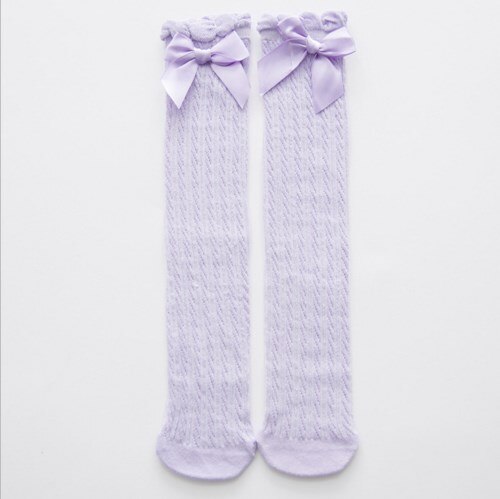 Chaussettes longues en coton pour bébés filles | À volants, hauteur des genoux, chaussettes décontractées, couleur solide, , doux, respirant, nœuds, automne: VIOLET / 38cm