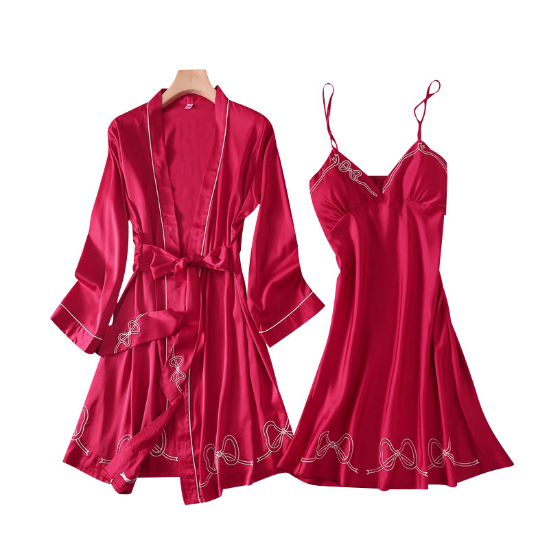 Conjunto de Bata de rayón con lazo bordado y cuello en V para mujer, camisón Sexy con tirantes, ropa de dormir para el hogar, verano, 2 uds.