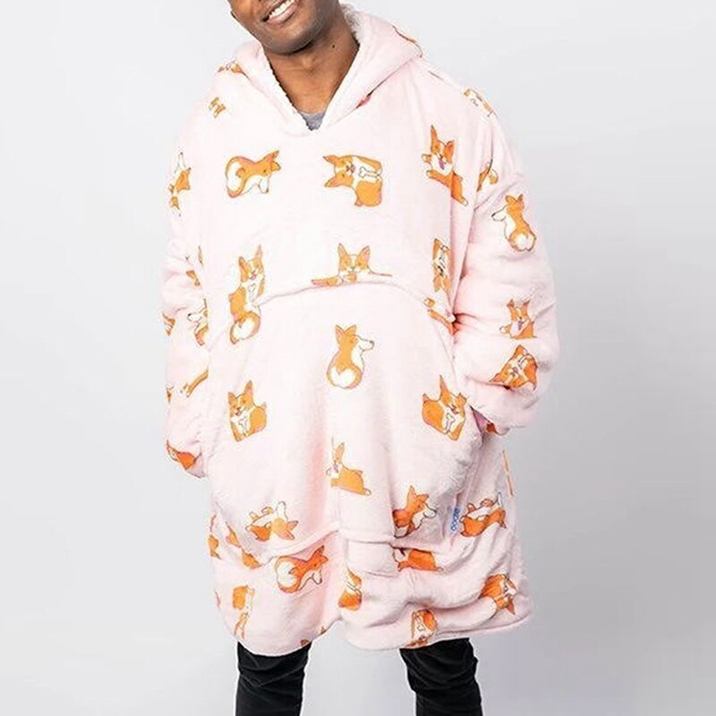 Fleece filtar huva med ärmar bärbar sherpa filtar överdimensionerad tröja vinter varm huva filt tecknad mjuka rockar