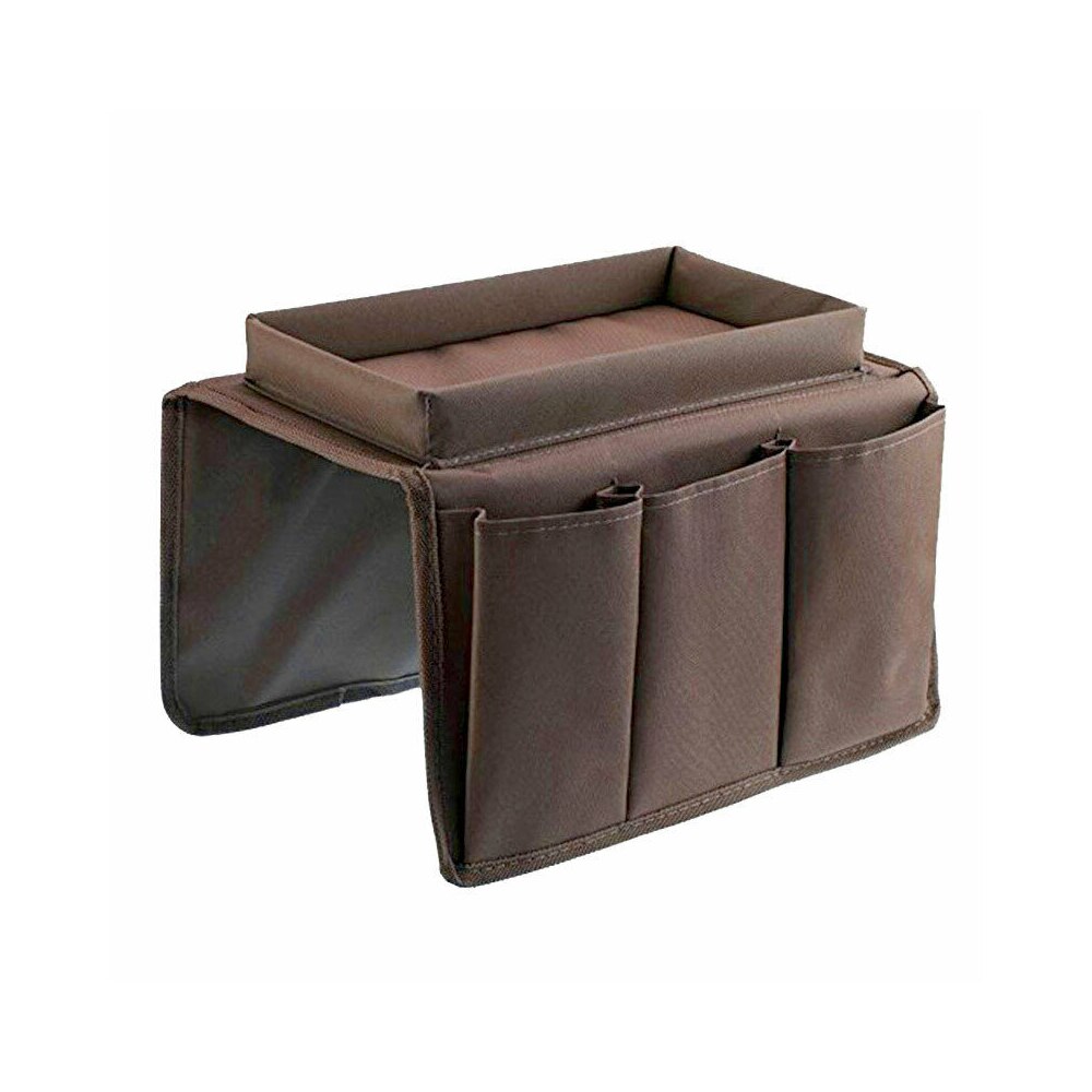 Sofa armlæn arrangør med 4 lommer og kopholder bakke sofa lænestol hængende opbevaringspose til tv fjernbetjening mobiltelefon: Brun