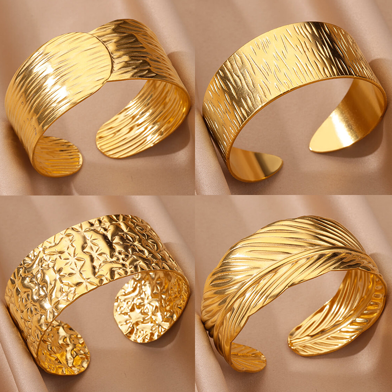 Stainless Steel Wide Bangles for Women Luxury Gold Color Open Chunky Cuff Bangle Bracelet femme Vintage Wedding Jewelry