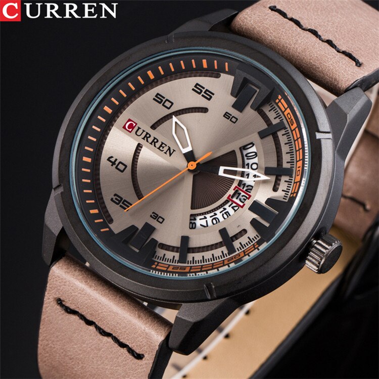 CURREN Watches Casual Quartz Male Clock Display Date Leather Strap Men Wristwatch Montre Homme Reloj Hombre: black khaki