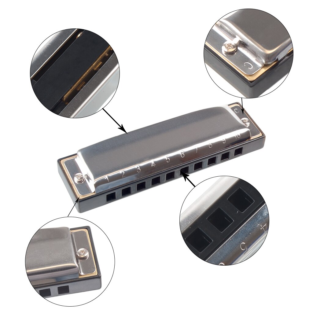 Armónica excelente, 10 agujeros, 20 tonos, llave de C, Color plateado, Blues, Jazz, Rock, instrumento Musical, armónica diatónica
