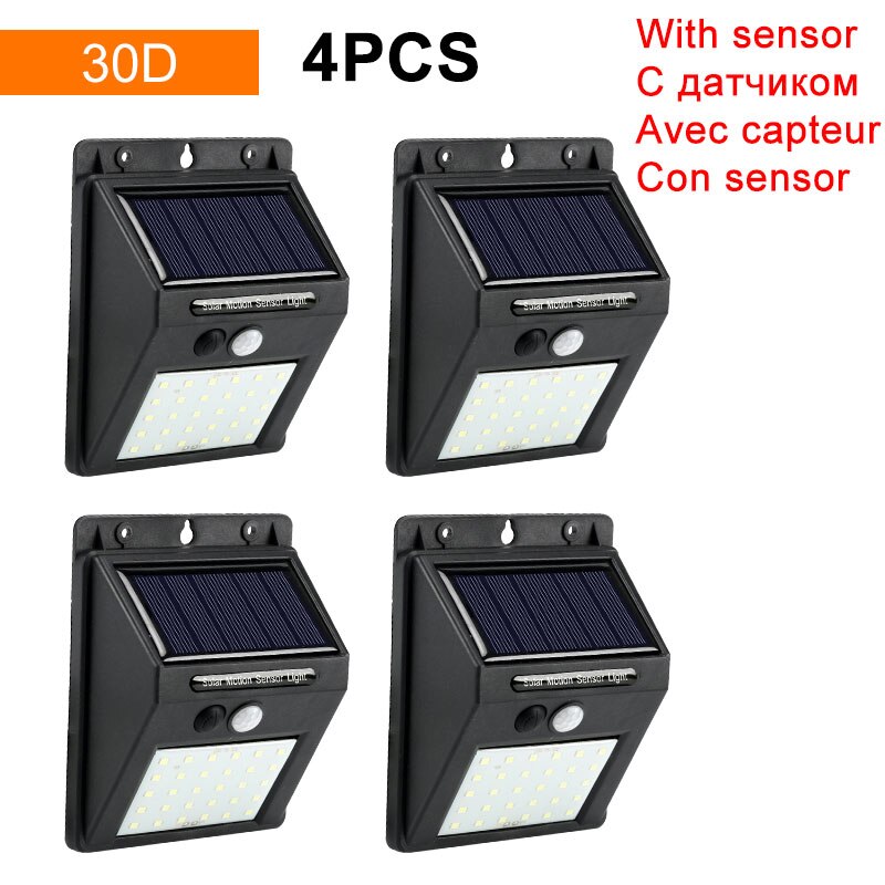 Waterproof PIR Motion Sensor Solar Light 20 30 48 60 96 LED Rechargeable Security Solar Lamp Outdoor Emergency Wall Light: 30D-4Pcs