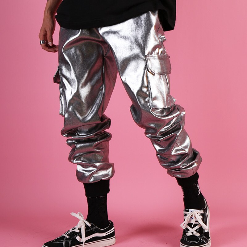 Pantalon Cargo en simili cuir argenté pour homme, vêtement à poches, ample, décontracté, pour scène de Bar, chanteur de Rock, Hip Hop, danse,