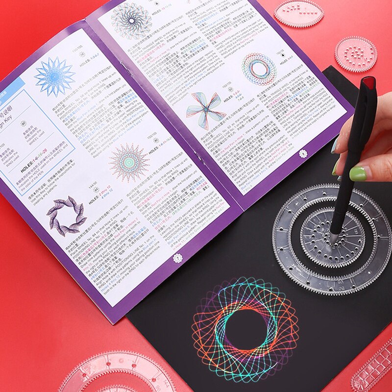 Jeu de règles Kaleidoscope 28 pièces, jouets magiques variés, roues imbriquées, accessoires de dessin, règles éducatives créatives pour enfants