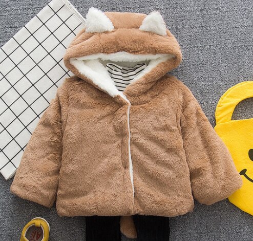 Herfst Winter Baby Jongen Meisje Jas Solid Leuke Oor Capuchon Pluche Warm Uitloper Unisex Kids Baby Kleding: Khaki / 24M