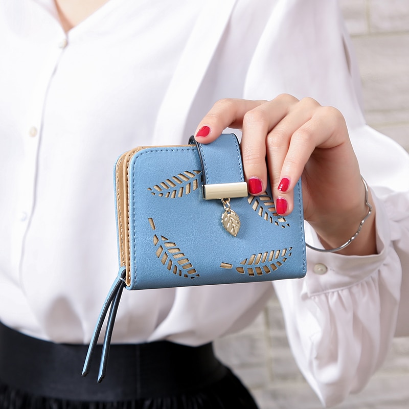 Women's Wallet Female Short Wallets Hollow Leave Pouch Handbag for Women Coin PU Leather Purses Card Holder Carteira: Blue