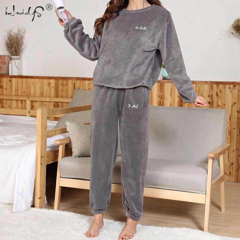 Inverno feminino flanela de veludo pijamas define pijamas grosso solto casual macio quente camisola de casa roupas femininas terno pijamas: E Gray