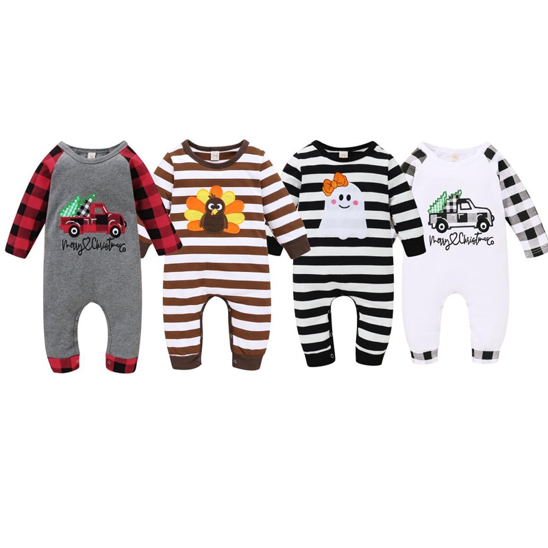 Nyfödda flickor halloween tacksägelse jul jumpsuits rund hals långärmad tecknad rand rutig lång romper overall kläder
